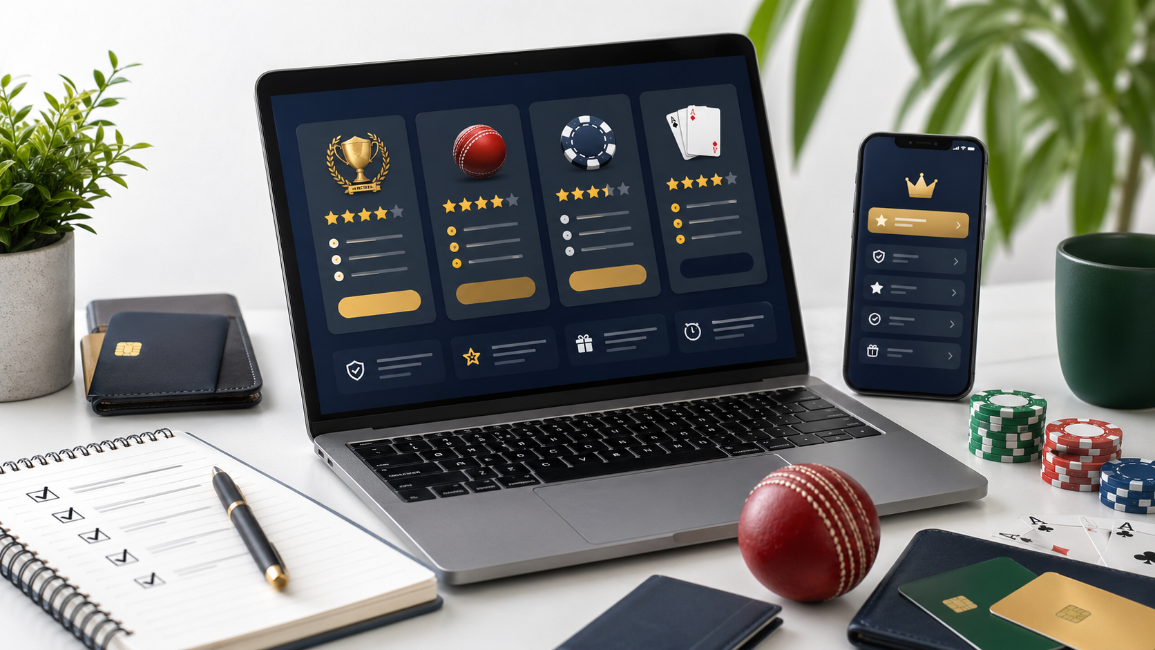 Bangladesh betting review desk with ranking cards, cricket and payment objects